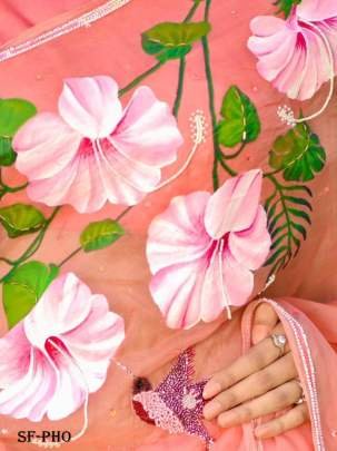 Flower Printed And Handwork Pure Organza Saree