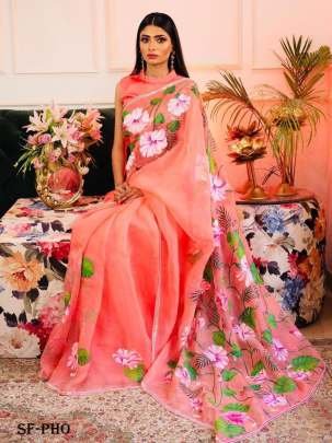 Flower Printed And Handwork Pure Organza Saree