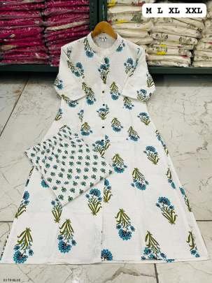 Flower Printed Blue Cotton Kurtis With Pant