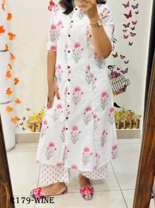 Flower Printed Wine Cotton Kurtis With Pant