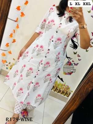 Flower Printed Wine Cotton Kurtis With Pant