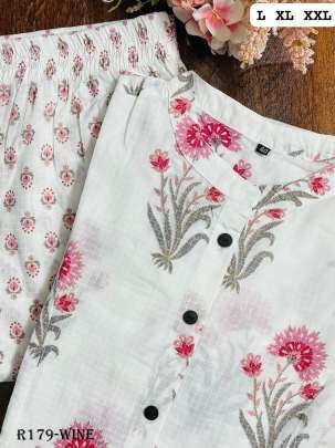 Flower Printed Wine Cotton Kurtis With Pant