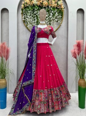 Foux Georgette Thread With Sequence Work Pink Navratri Lehenga 