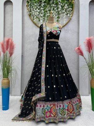 Foux Georgette Thread With Sequence Work Black Navratri Lehenga 