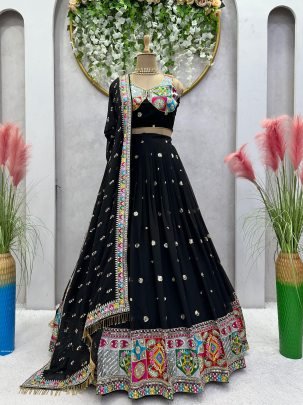 Foux Georgette Thread With Sequence Work Black Navratri Lehenga