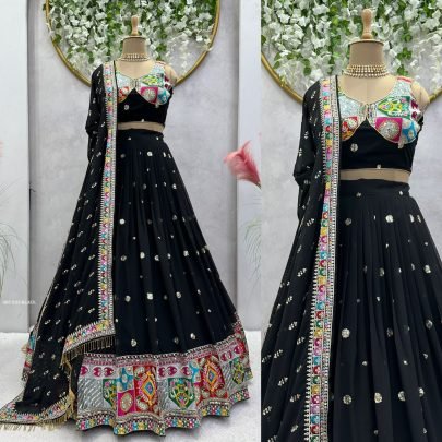 Foux Georgette Thread With Sequence Work Black Navratri Lehenga