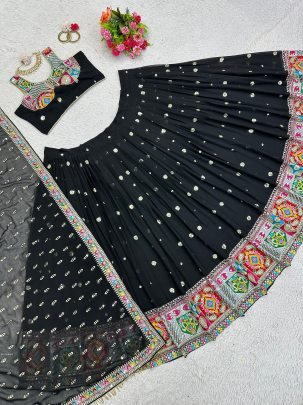 Foux Georgette Thread With Sequence Work Black Navratri Lehenga