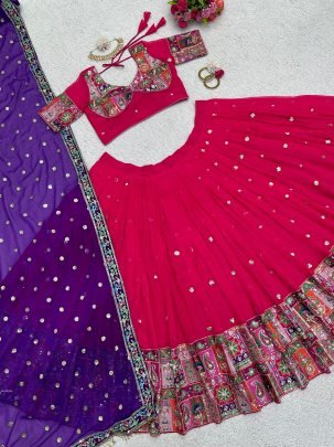 Foux Georgette Thread With Sequence Work Pink Navratri Lehenga