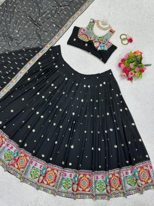 Foux Georgette Thread With Sequence Work Black Navratri Lehenga