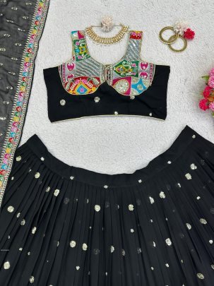 Foux Georgette Thread With Sequence Work Black Navratri Lehenga