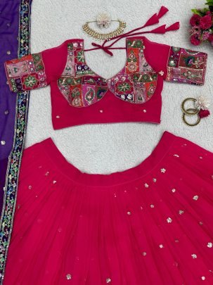 Foux Georgette Thread With Sequence Work Pink Navratri Lehenga