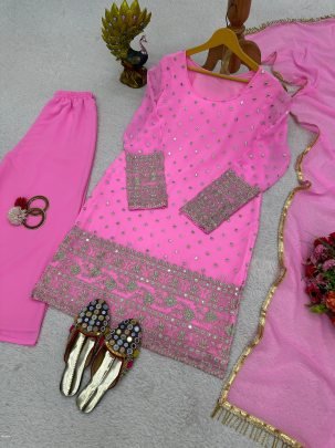 Foux Gorgette 9mm Sequnce with thread work Designer Suit