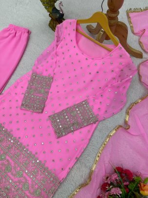 Foux Gorgette 9mm Sequnce with thread work Designer Suit