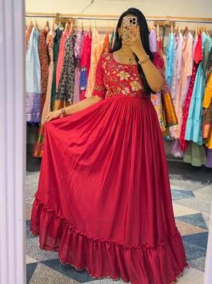 Foux Gorgette Anarkali Red Color Gowns