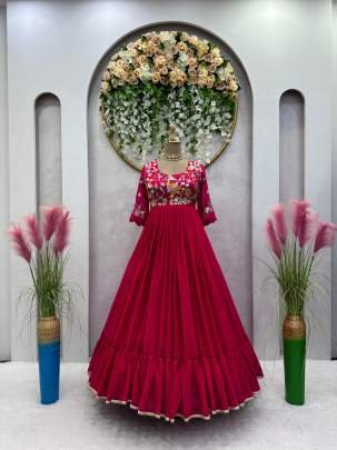 Foux Gorgette Anarkali Red Color Gowns