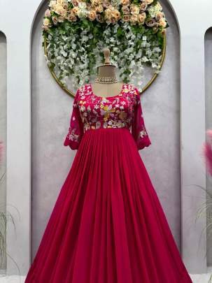 Foux Gorgette Anarkali Red Color Gowns
