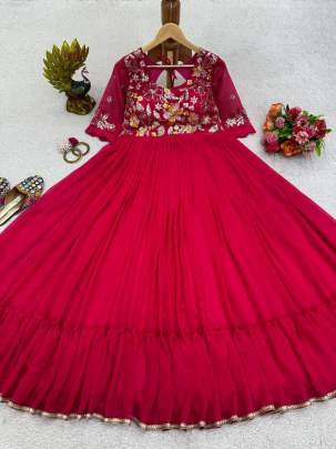 Foux Gorgette Anarkali Red Color Gowns