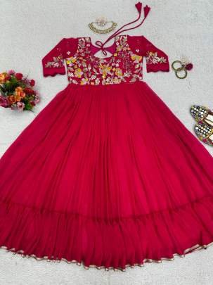Foux Gorgette Anarkali Red Color Gowns