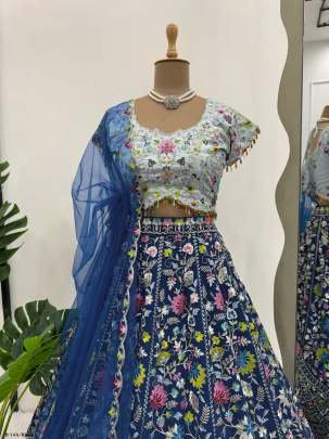 Foux Gorgette Blue Lehenga Choli With Sequnce Work