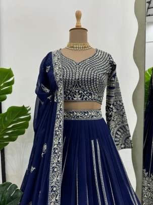 Foux Gorgette Blue Lehenga Choli With Sequnce Work