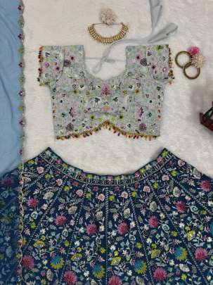 Foux Gorgette Blue Lehenga Choli With Sequnce Work