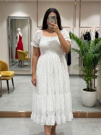 Fox Georgette Grey Floral Print One Piece Dress 