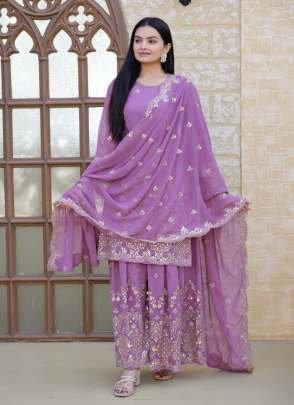 Fox Georgette Lavender Sequence Embroidery Work Sharara Suit