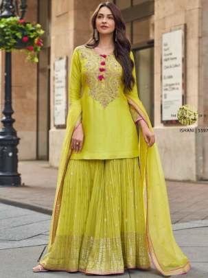 Fox Georgette Lime Yellow Embroidery Work Palazzo Suit