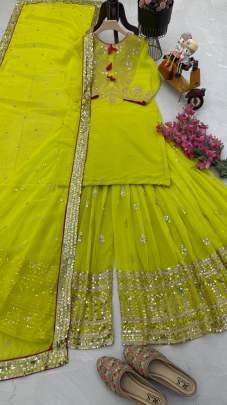Fox Georgette Lime Yellow Embroidery Work Palazzo Suit