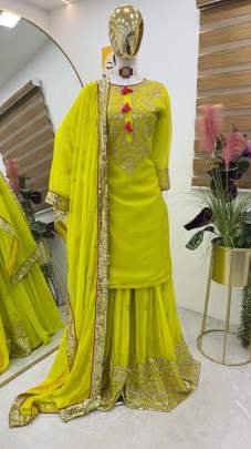 Fox Georgette Lime Yellow Embroidery Work Palazzo Suit