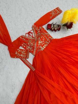 Fox Georgette Orange Embroidery Sequence Work Gown With Dupatta
