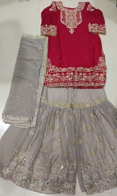 Fox Georgette Red Sharara Suit With Real Mirror Work