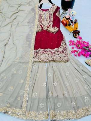 Fox Georgette Red Sharara Suit With Real Mirror Work