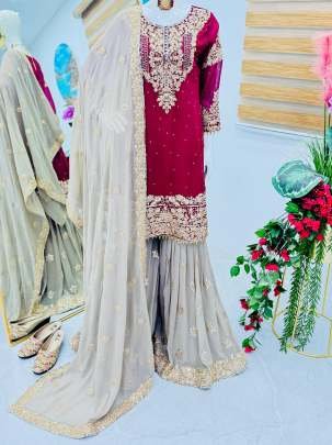 Fox Georgette Red Sharara Suit With Real Mirror Work