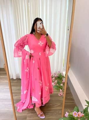 Fox Gerorrget Pink Anarkali Kurtis Pent Set