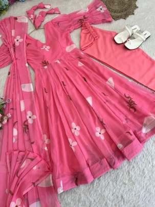 Fox Gerorrget Pink Anarkali Kurtis Pent Set