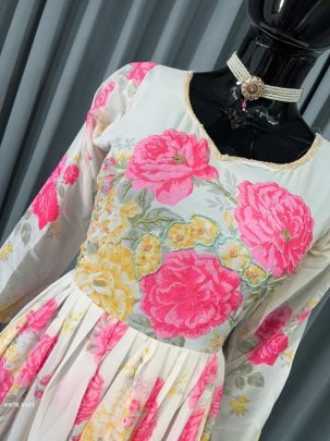 Fox Gorgette Digital print with hand work Designer Kurtis