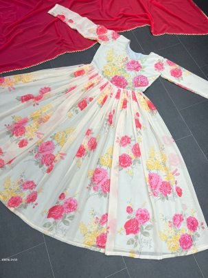 Fox Gorgette Digital print with hand work Designer Kurtis