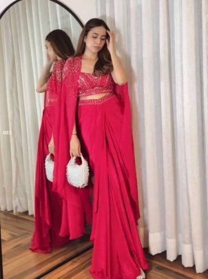 French Silk With  Sequence Embroidery  Pink Three Piece  set