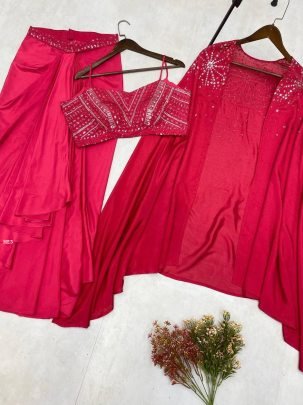 French Silk With  Sequence Embroidery  Pink Three Piece  set
