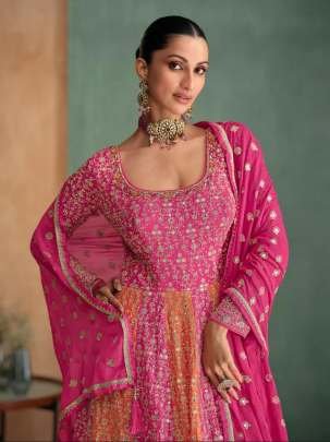 Full Embroidered Work Hot Pink Gown With Dupatta