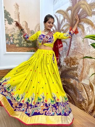 Full Embroidery Lemon Yellowish Navratri Lehenga