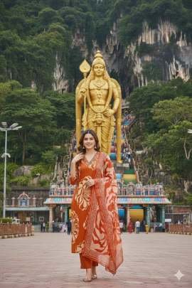 Full Printed Orange  Colour Kurti Pant Dupatta Set