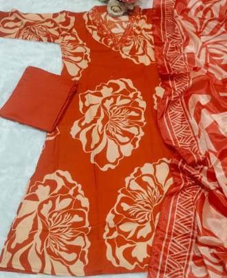 Full Printed Orange  Colour Kurti Pant Dupatta Set