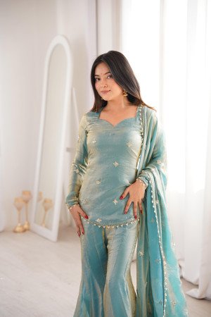 Full Sleeve Turquoise Ratro Palazzo Suit