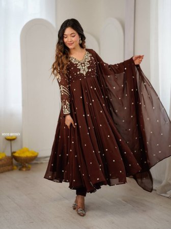 Fully Flair Embroidered Brown Anarkali Suit Set