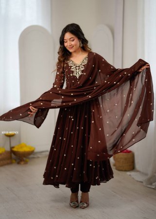 Fully Flair Embroidered Brown Anarkali Suit Set
