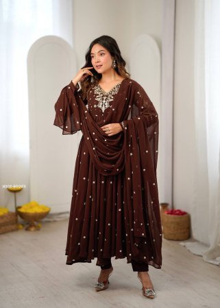 Fully Flair Embroidered Brown Anarkali Suit Set