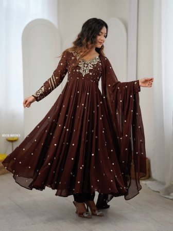 Fully Flair Embroidered Brown Anarkali Suit Set
