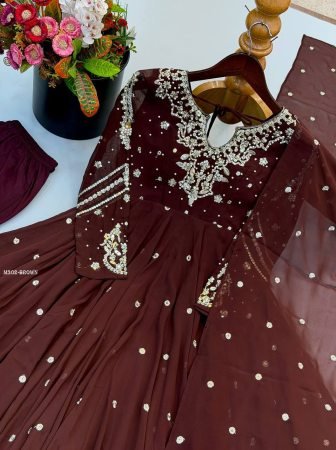 Fully Flair Embroidered Brown Anarkali Suit Set